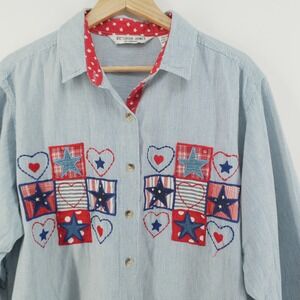 Victoria Jones Shirt Womens 20W Blue Pinstripe Americana Stars Hearts Patchwork